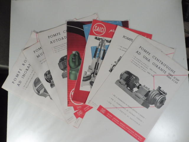 Saici presenta le sue testate, pompe centrifughe, rotative, duplex a vapore. Insieme di pieghevoli pubblicitari